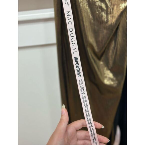 NWT Mac Duggal Metallic Ruched Detail Front Slip V Neck Gown Maxi Dress Small - Picture 5 of 13